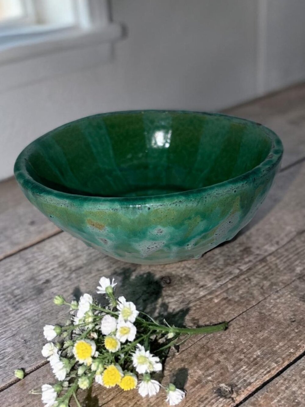 Handmade Green Studio Pottery Bowl 6.5" Artisan Stoneware Rustic Decorative